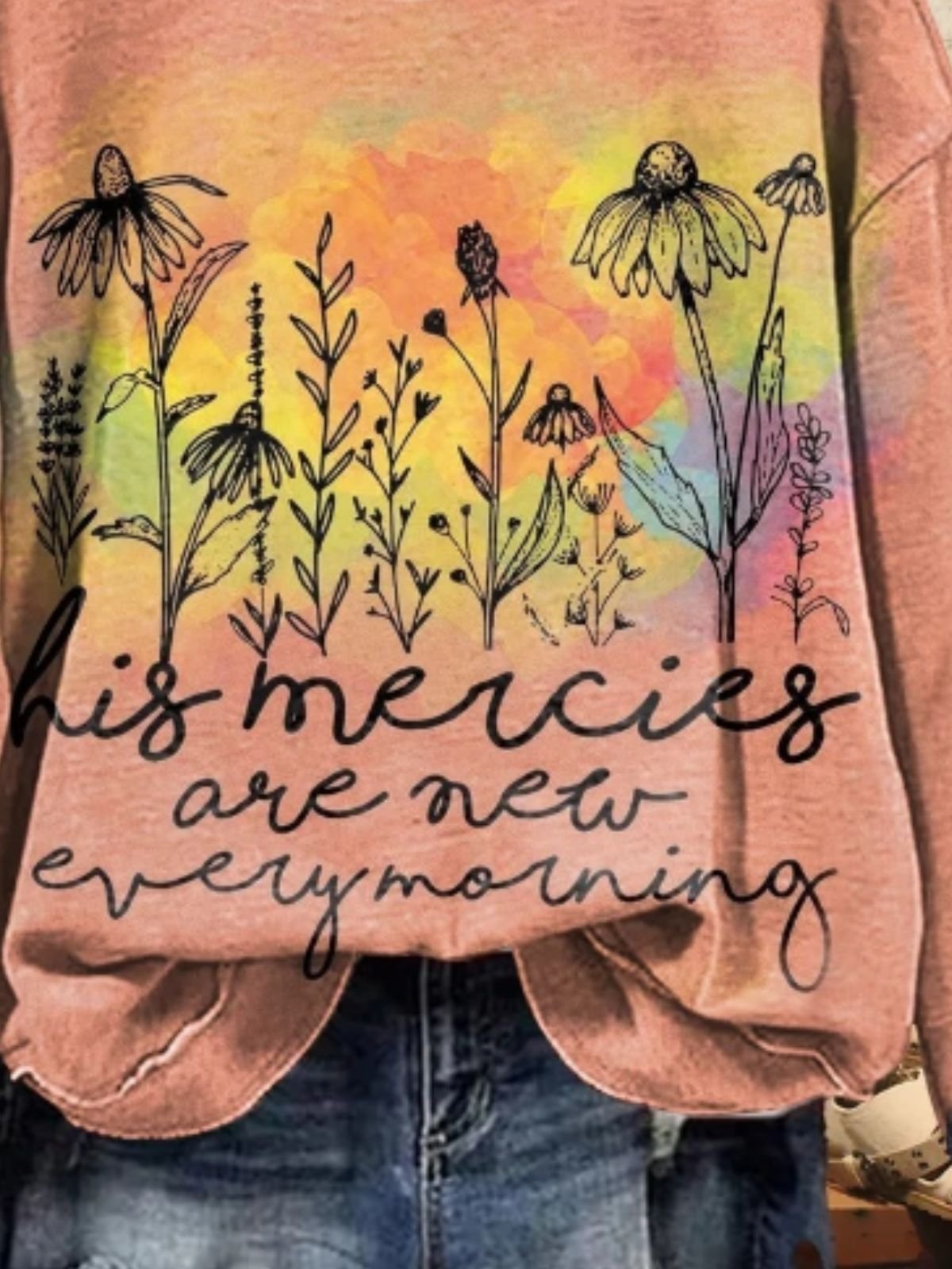Women's His Mercies Are New Print Casual Crew Neck Sweatshirt