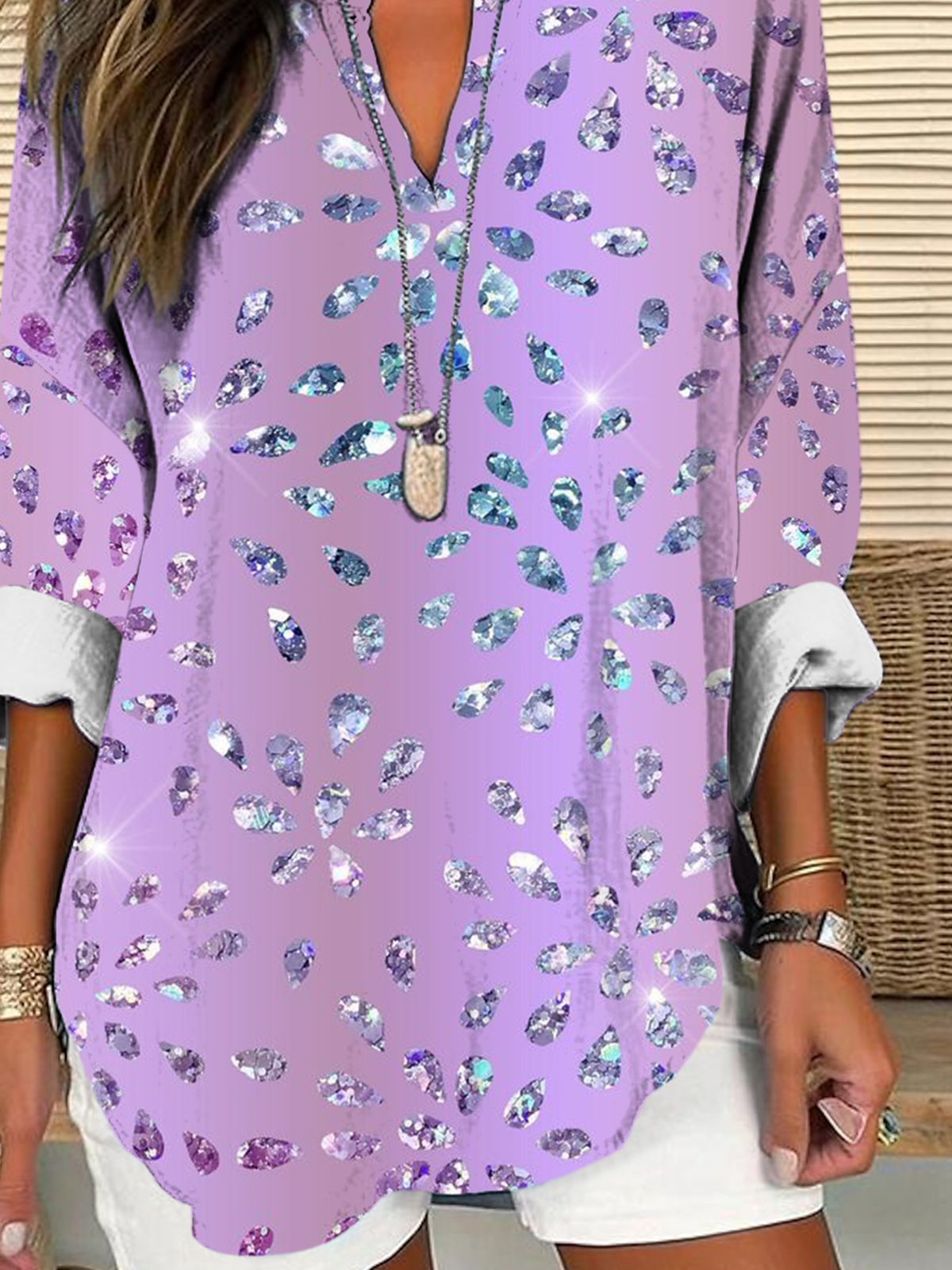 Shawl Collar Half Sleeve Floral Regular Loose Blouse For Women