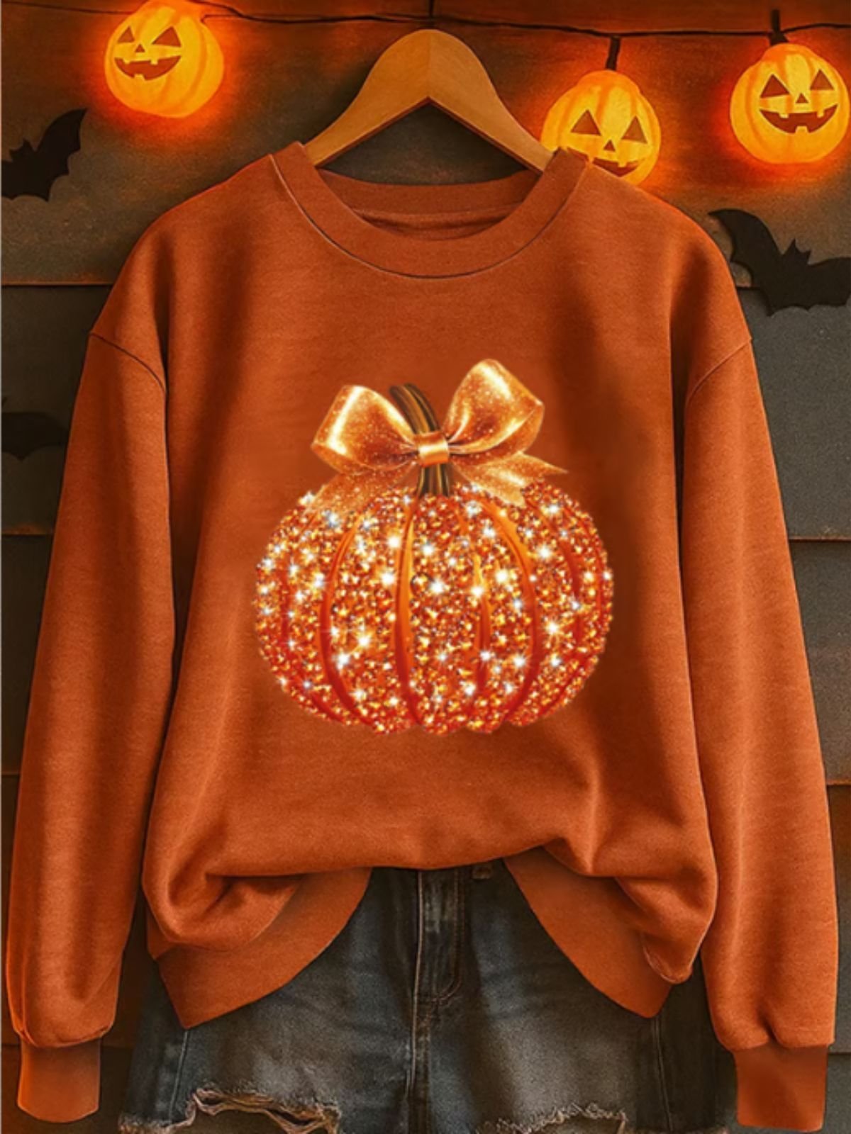Vintage Crew Neck Halloween Pumpkin Sequin 3D Print Sweatshirt