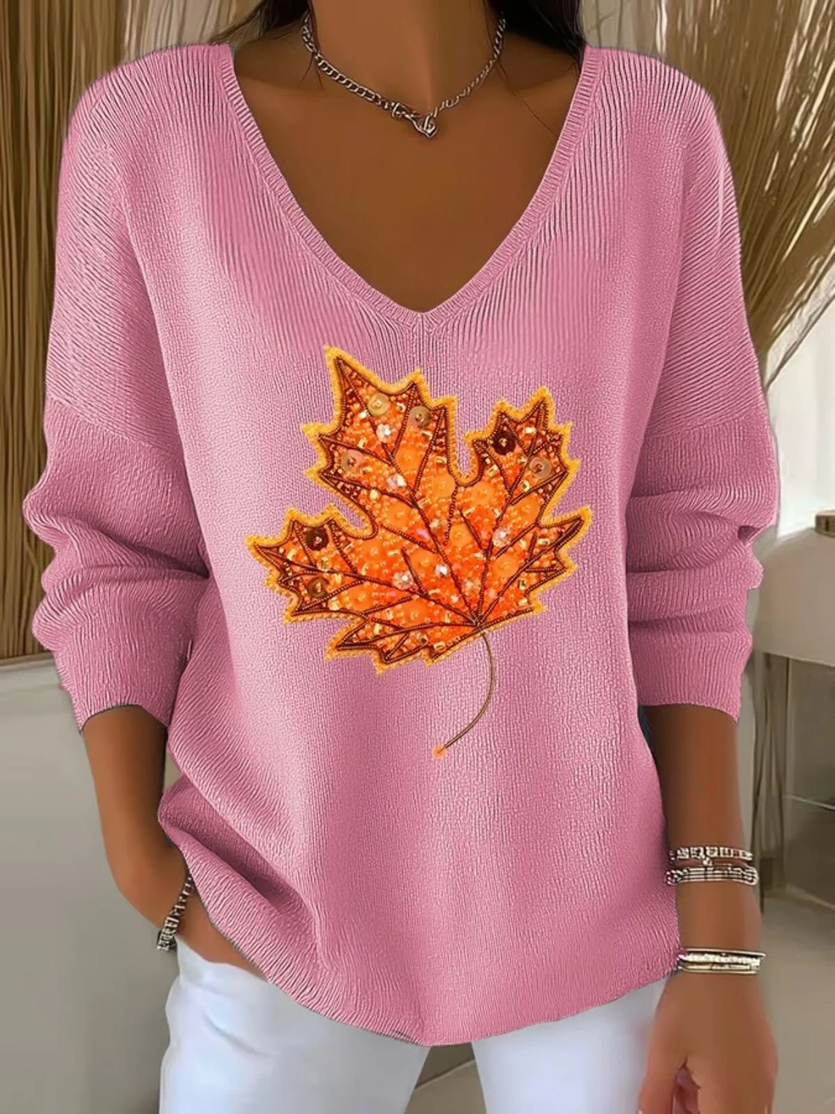 Women Maple Leaf Retro Ethnic Print Long Sleeve Comfy Casual Sweater