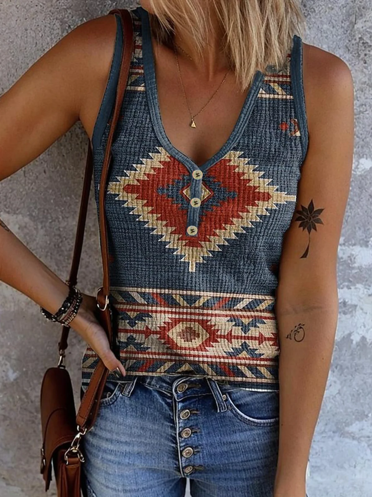 Casual V Neck Geometric Tank Top