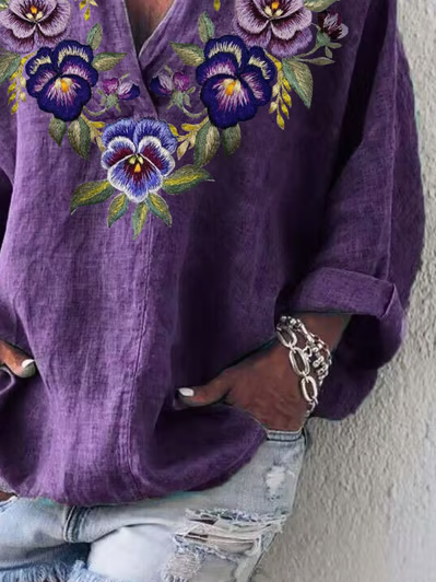 Shawl Collar Long Sleeve Floral Printing Regular Micro-Elasticity Loose Shirt For Women