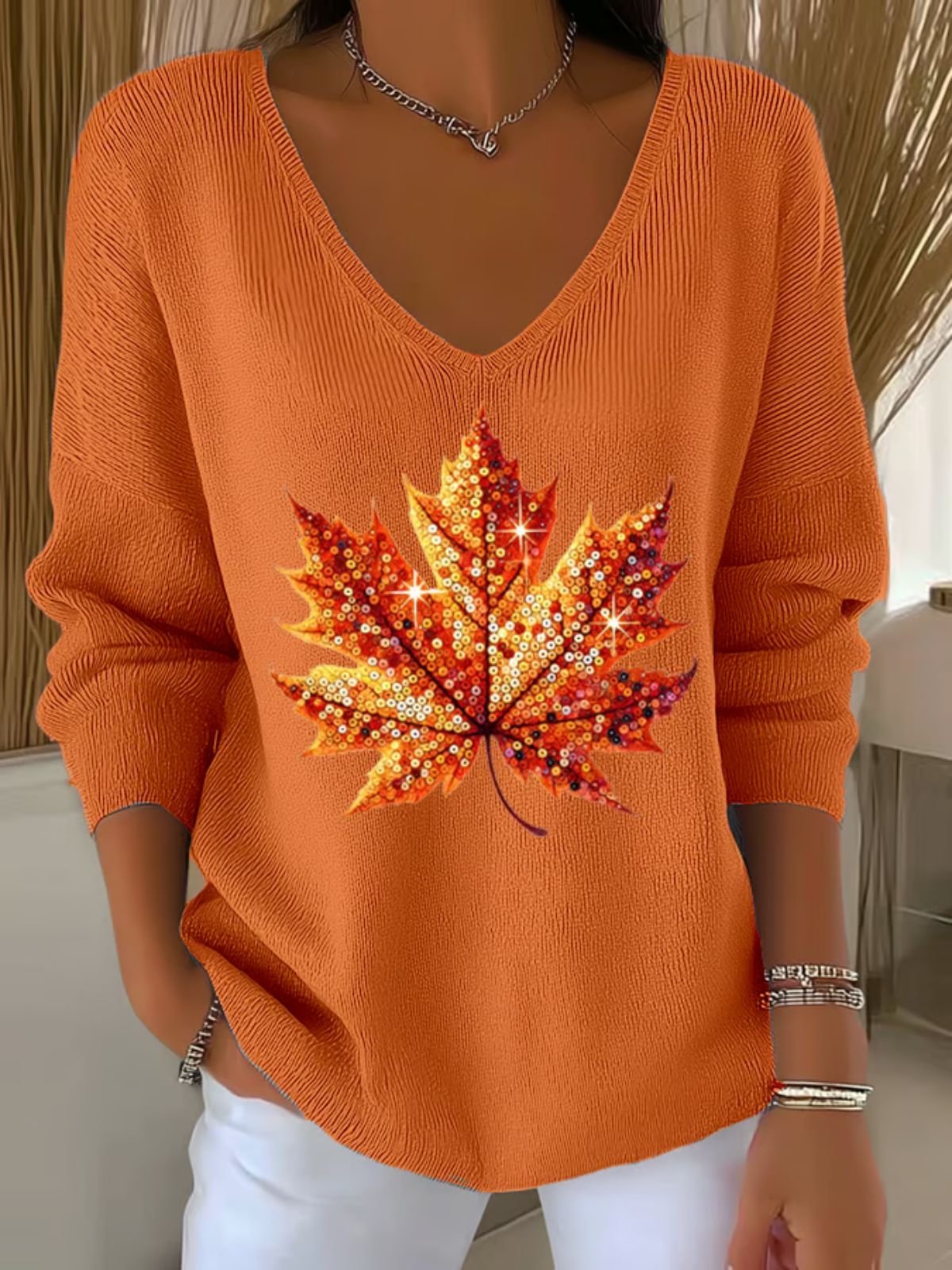 Women Cotton Maple Leaf Retro Ethnic Print Long Sleeve Comfy Sweater