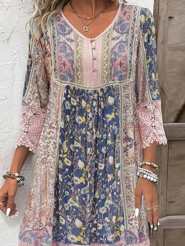 Women Floral Spring/Fall Split Joint Dress V Neck Three Quarter Sleeve T-Shirt Dress A-Line Dress