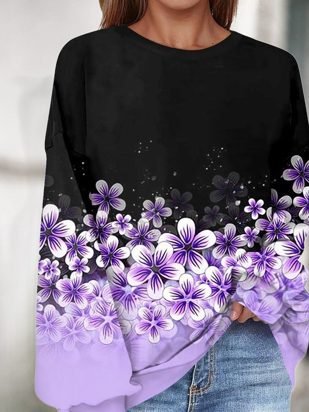Casual Crew Neck Floral Sweatshirt Printing