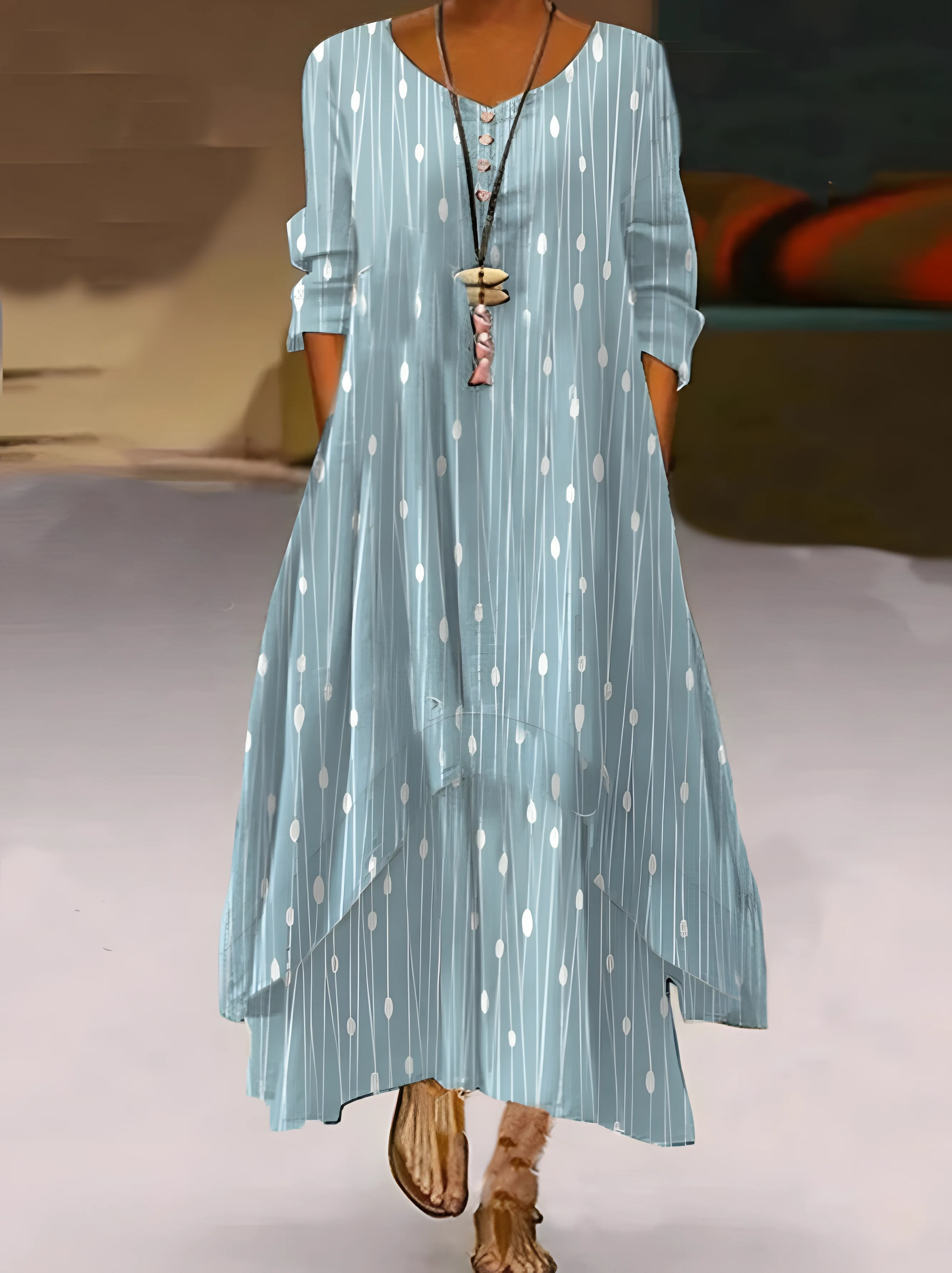 Women Striped Summer Dress Crew Neck Long Sleeve Shirt Dress A-Line Dress