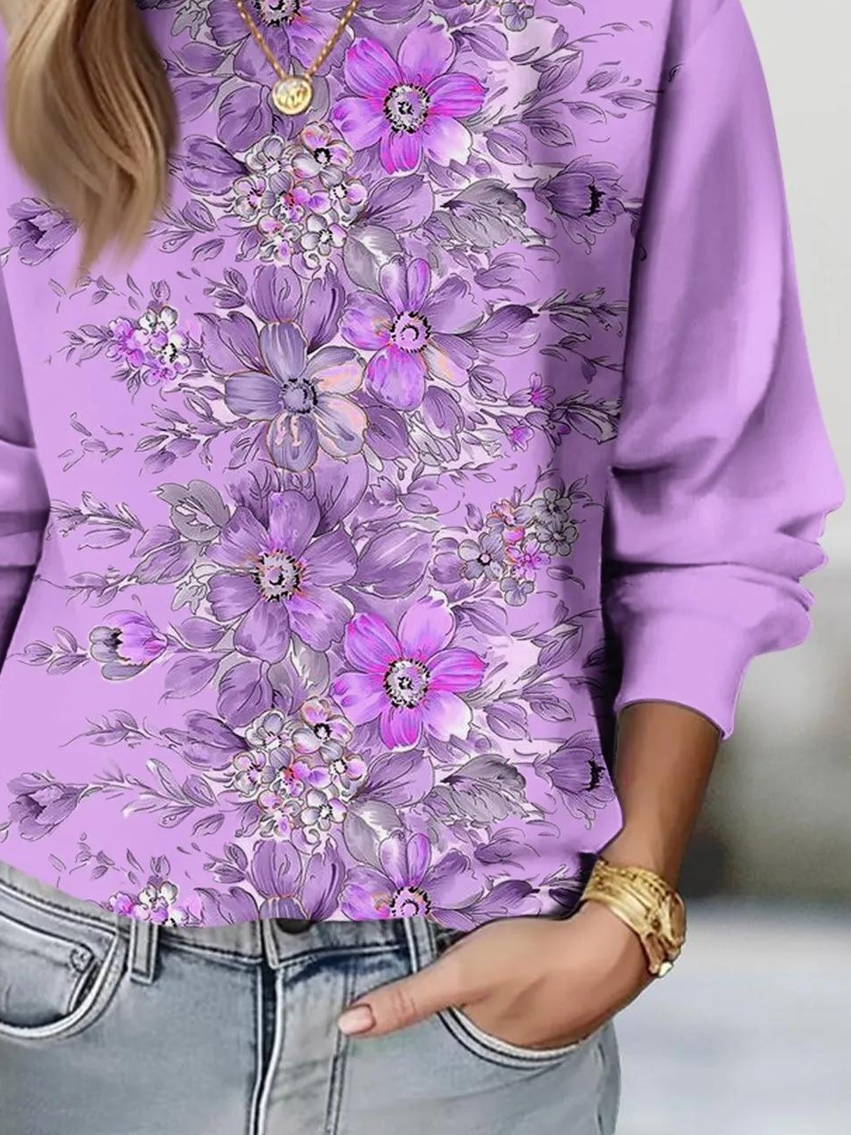 Casual Crew Neck Floral Sweatshirt Printing