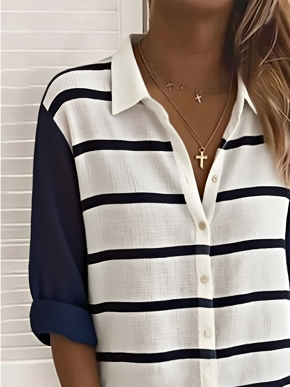 Shirt Collar Long Sleeve Striped Regular Loose Shirt For Women