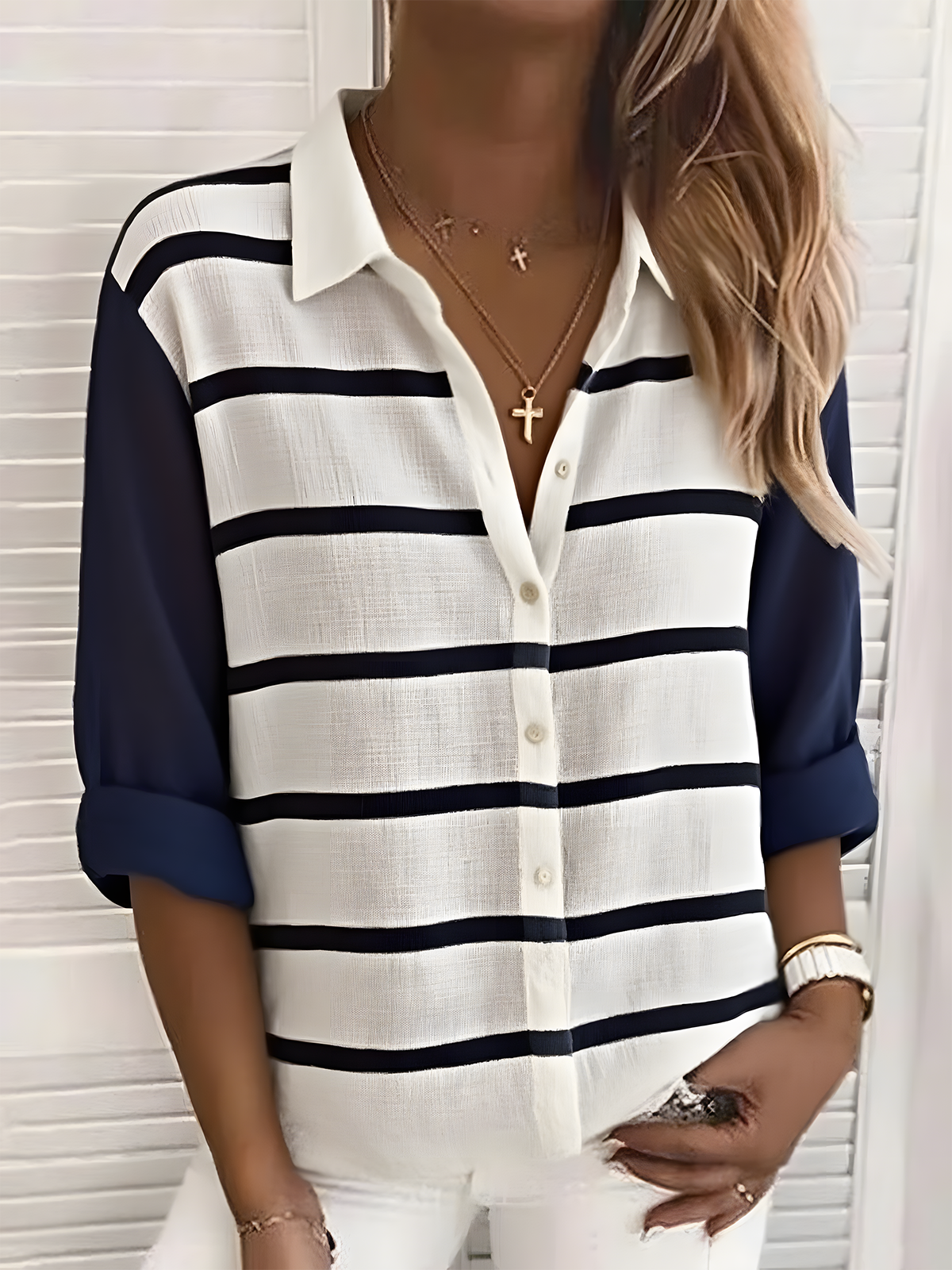 Shirt Collar Long Sleeve Striped Regular Loose Shirt For Women