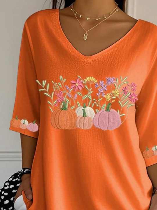 Casual Floral V Neck Three Quarter Sleeve T-shirt