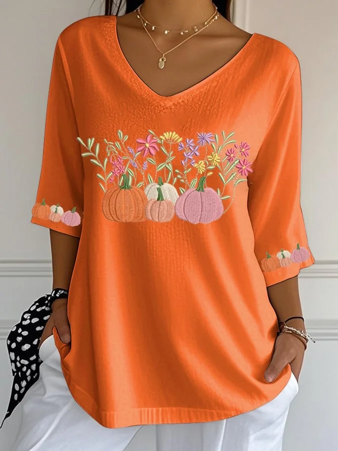 Casual Floral V Neck Three Quarter Sleeve T-shirt