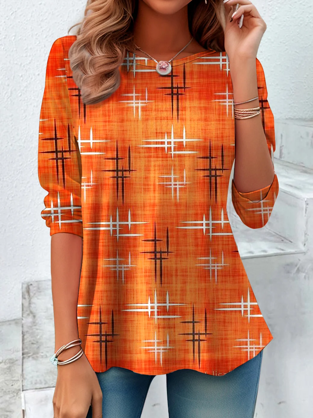 Halloween Vintage Geometric Art Print Crew Neck Long Sleeve T-shirt