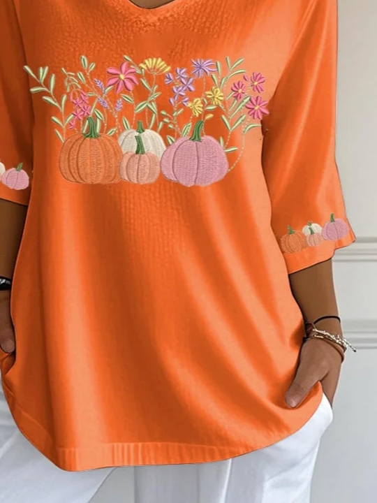 Casual Floral V Neck Three Quarter Sleeve T-shirt