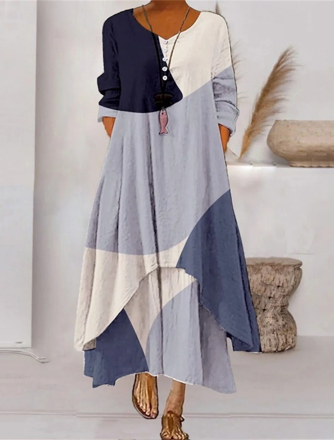 Women Striped Summer Dress Crew Neck Long Sleeve Shirt Dress A-Line Dress