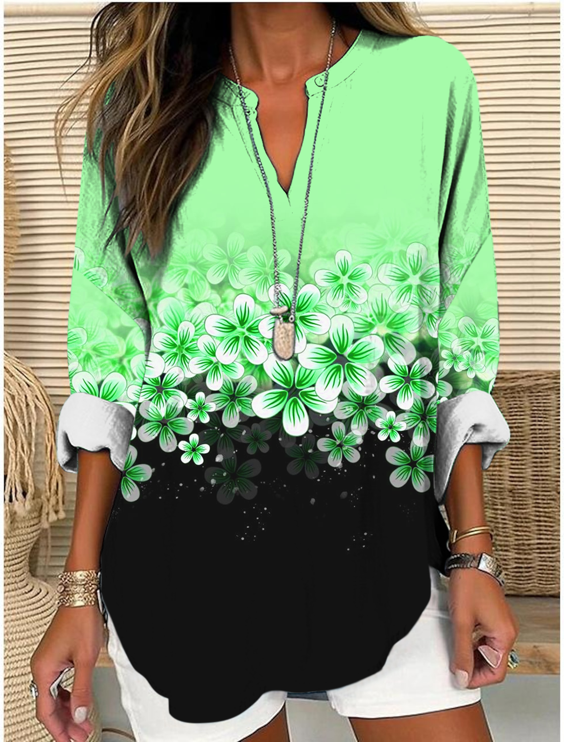 Shawl Collar Half Sleeve Floral Regular Loose Blouse For Women