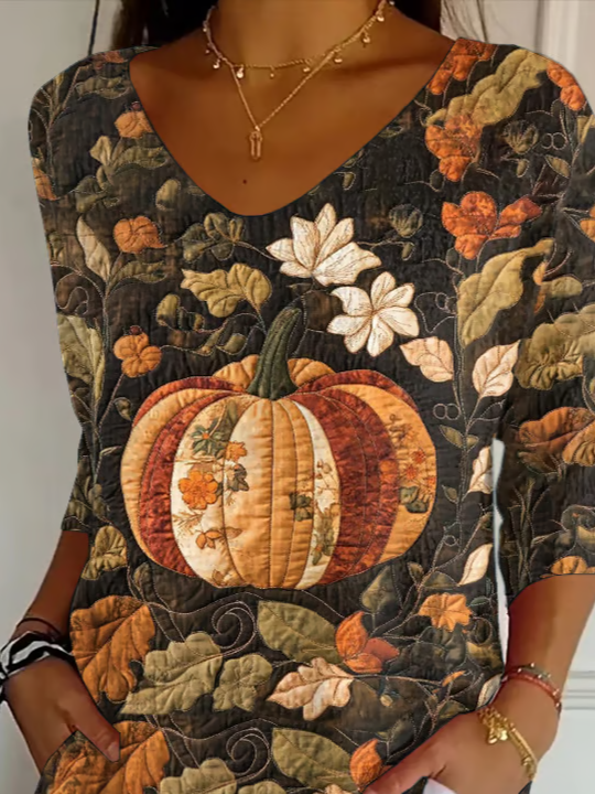 Casual Floral V Neck Three Quarter Sleeve T-shirt