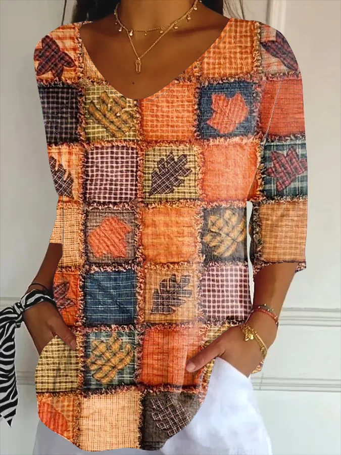 Casual Halloween V Neck Three Quarter Sleeve T-shirt