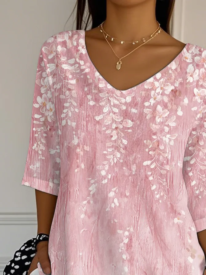 Casual Floral V Neck Three Quarter Sleeve T-shirt
