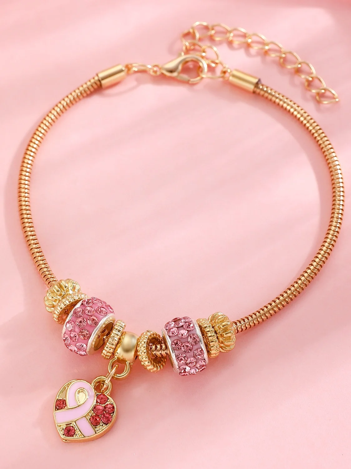 Breast Marker Real Gold Electroplated Pink Ribbon Women's Health Pearl Bracelet Necklace Set Ins Shambhala Jewelry