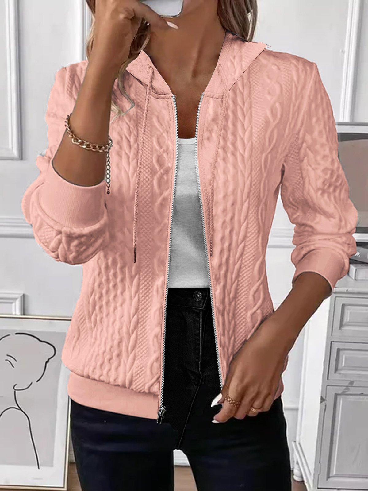 Women Spring/Fall Outerwear Vintage Jacquard Plain Long Sleeve Hoodie Jacket