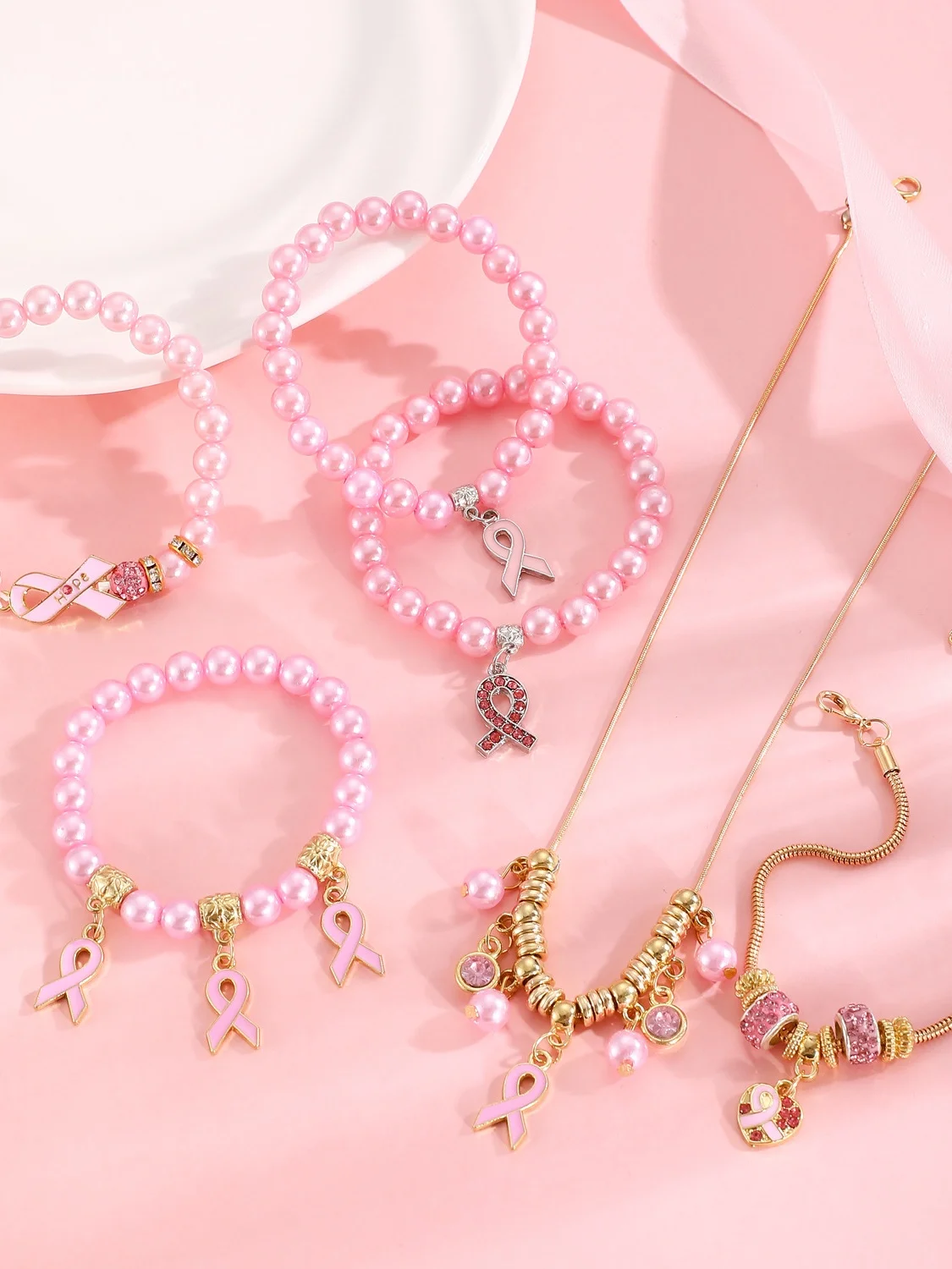 Breast Marker Real Gold Electroplated Pink Ribbon Women's Health Pearl Bracelet Necklace Set Ins Shambhala Jewelry