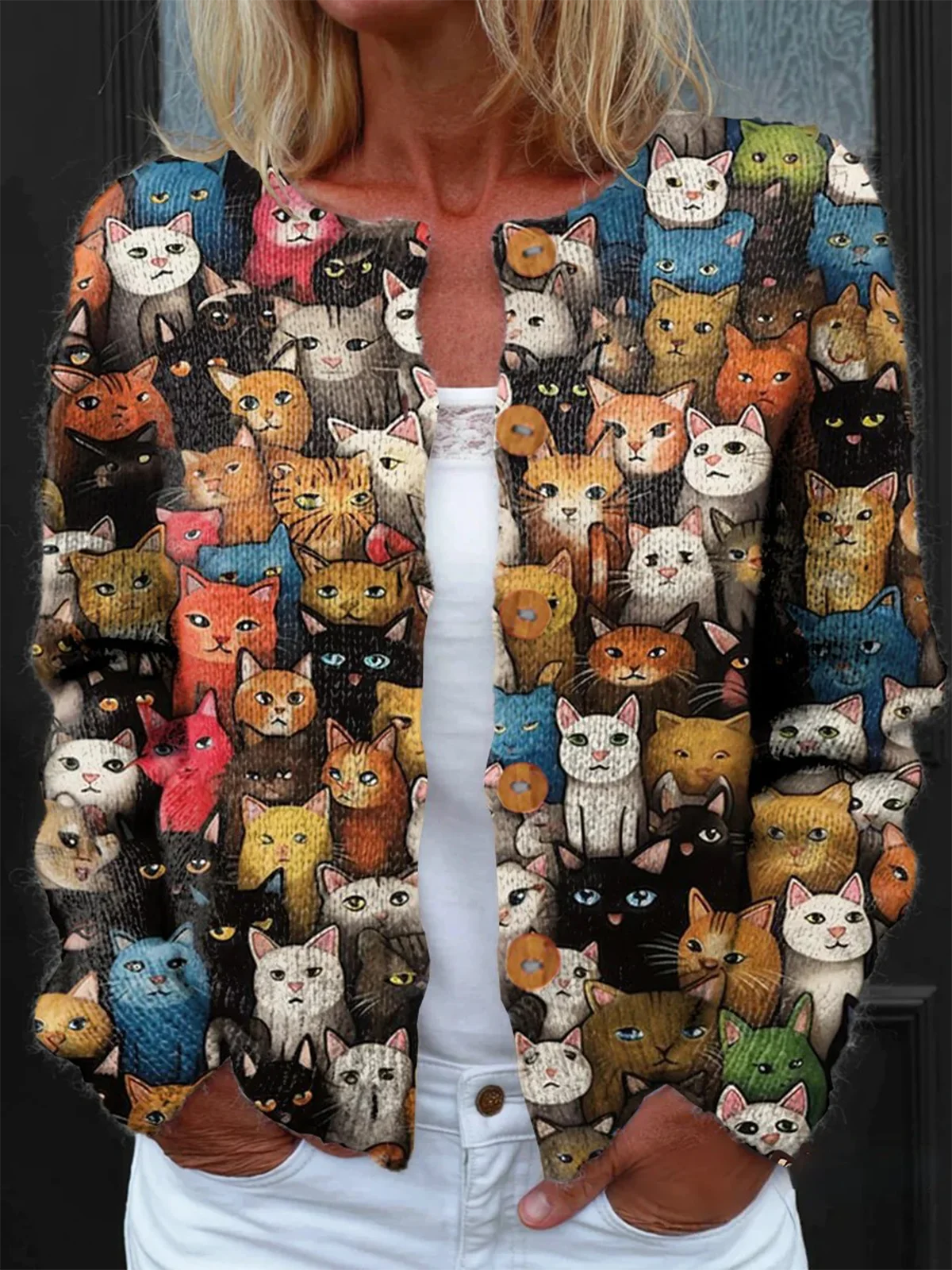 Women Knitted Animal Long Sleeve Comfy Vintage Cardigan