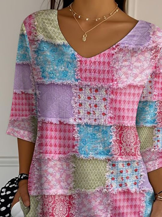 Casual Floral V Neck Three Quarter Sleeve T-shirt