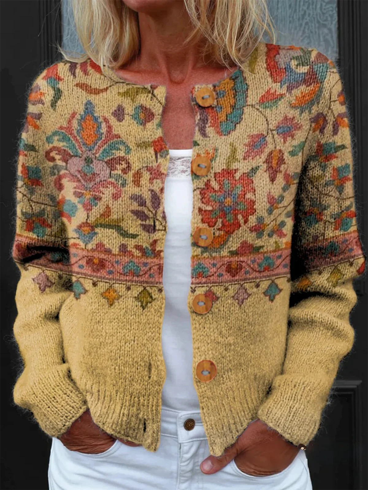 Women Knitted Geometric Long Sleeve Comfy Vintage Cardigan