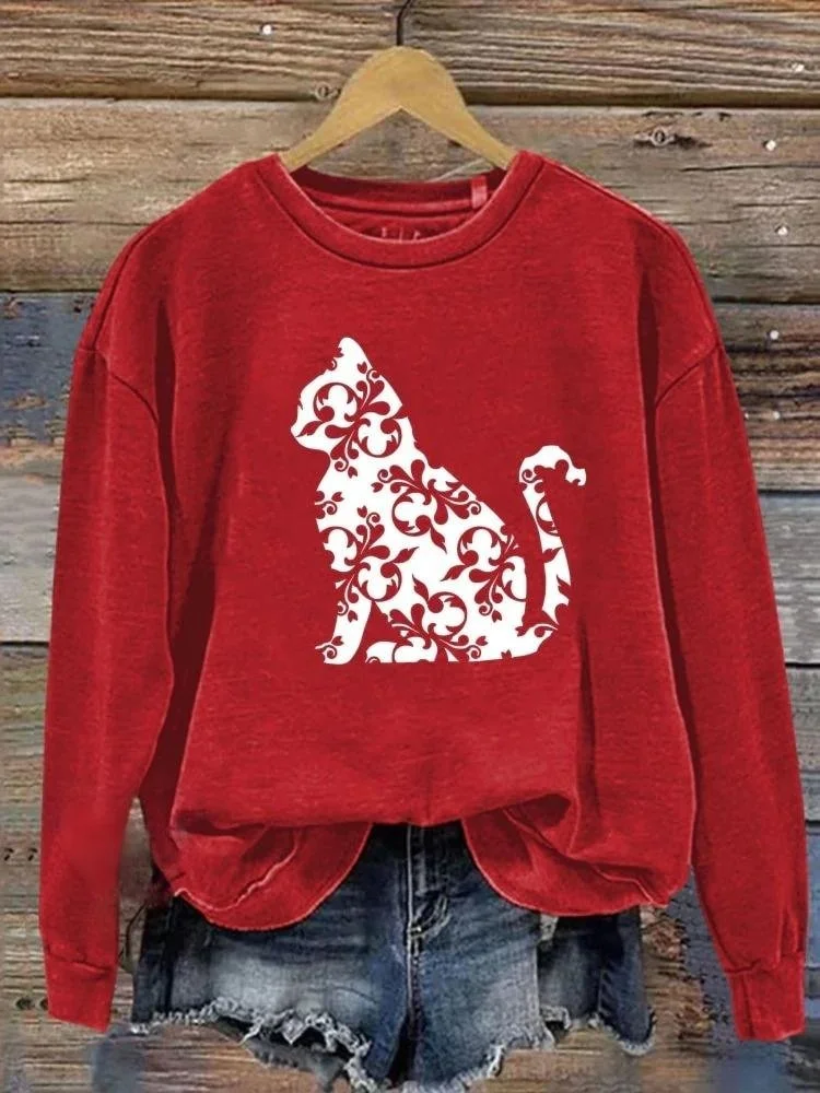 Vintage Cute Cat Art Print Crew Neck Comfy Sweatshirt