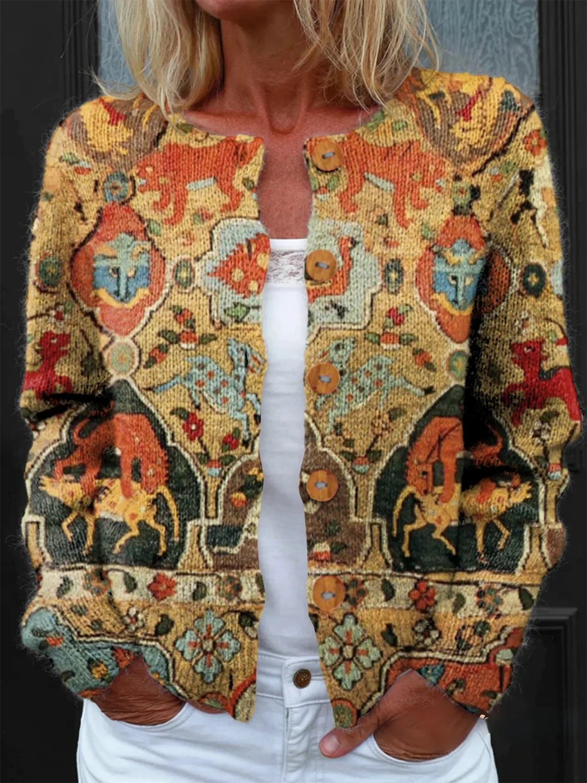 Women Knitted Geometric Long Sleeve Comfy Vintage Cardigan