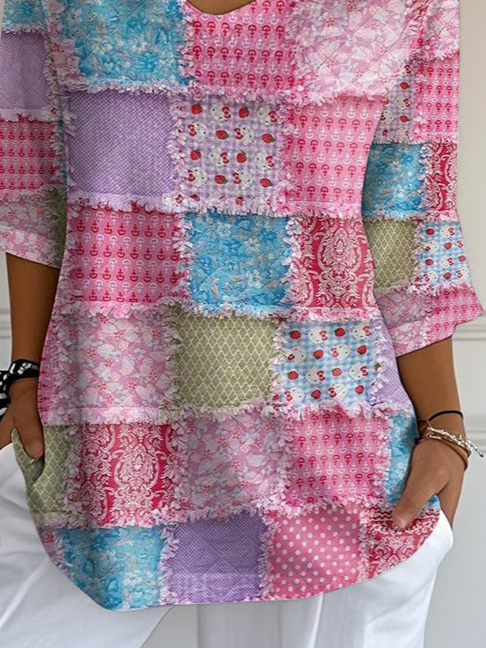 Casual Floral V Neck Three Quarter Sleeve T-shirt