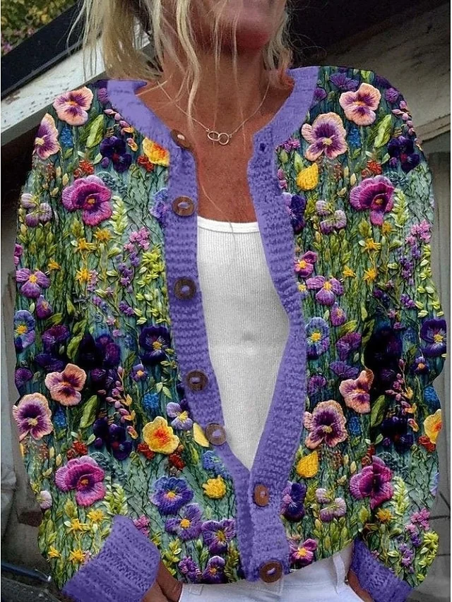 Women Wool/Knitting Floral Long Sleeve Comfy Casual Cardigan