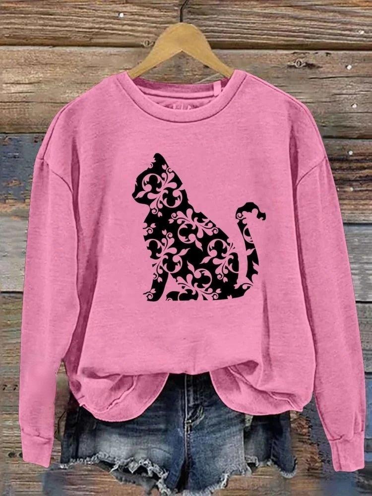 Vintage Cute Cat Art Print Crew Neck Comfy Sweatshirt