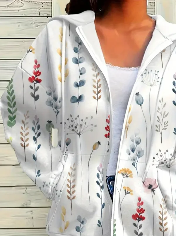Women Spring/Fall Outerwear Casual Printing Floral Long Sleeve Hoodie Jacket