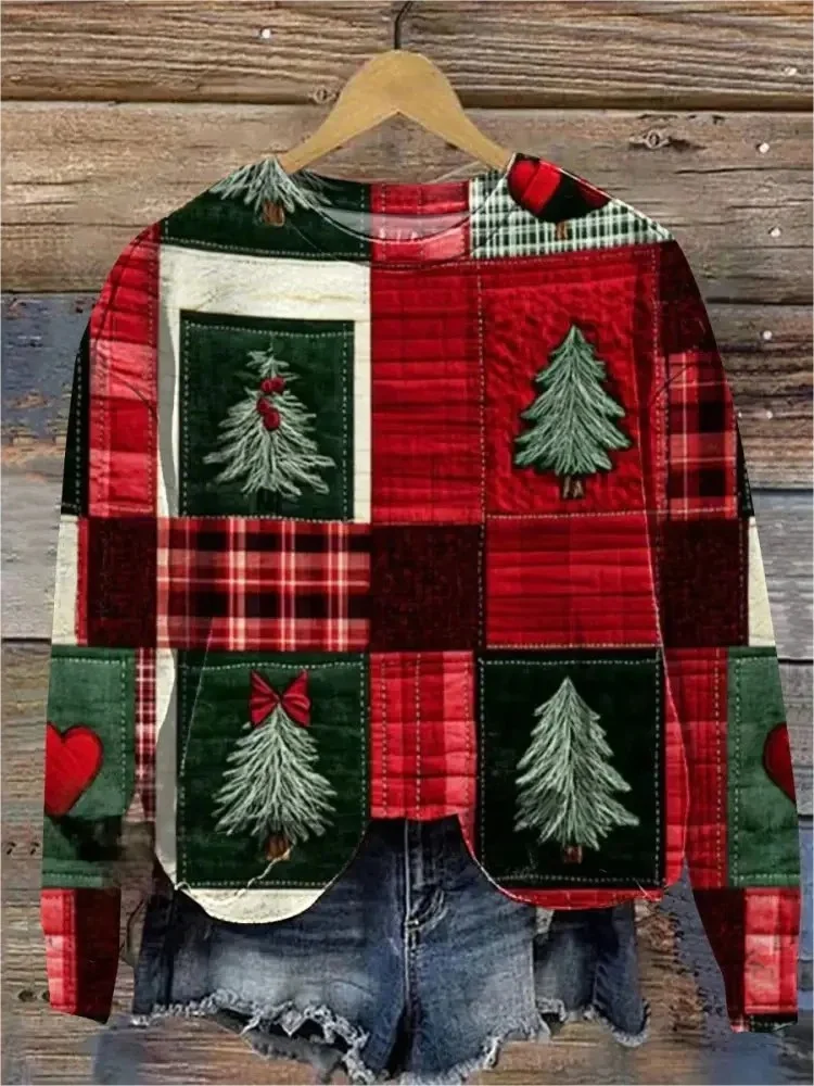 Christmas Vintage Plaid Print Crew Neck Sweatshirt