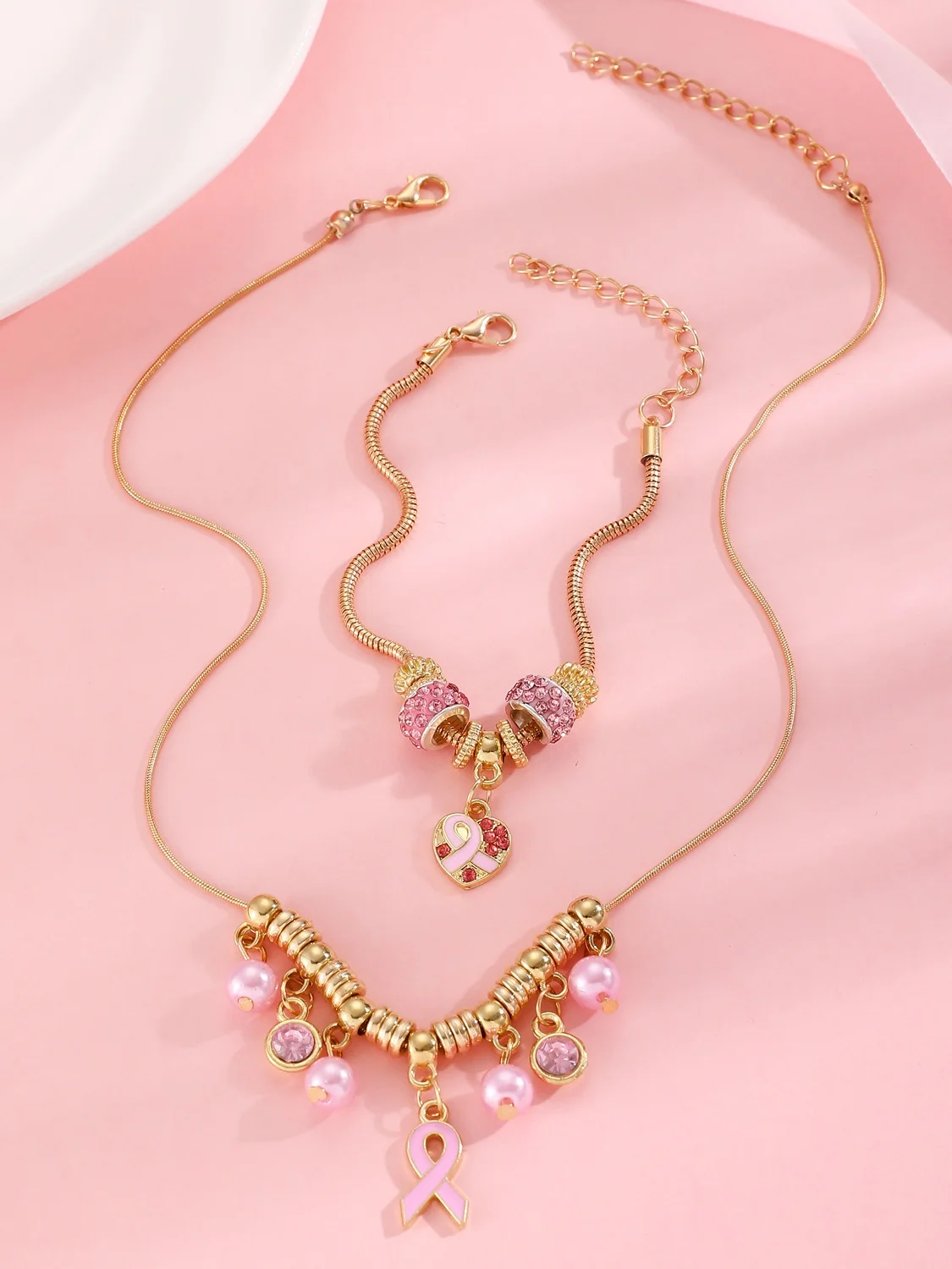 Breast Marker Real Gold Electroplated Pink Ribbon Women's Health Pearl Bracelet Necklace Set Ins Shambhala Jewelry