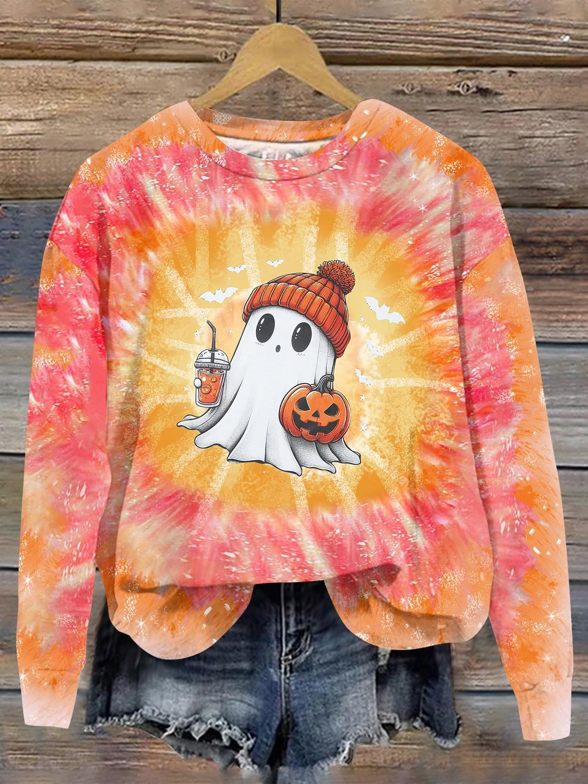 Halloween Cute Ghost Art Pattern Casual Crew Neck Sweatshirt