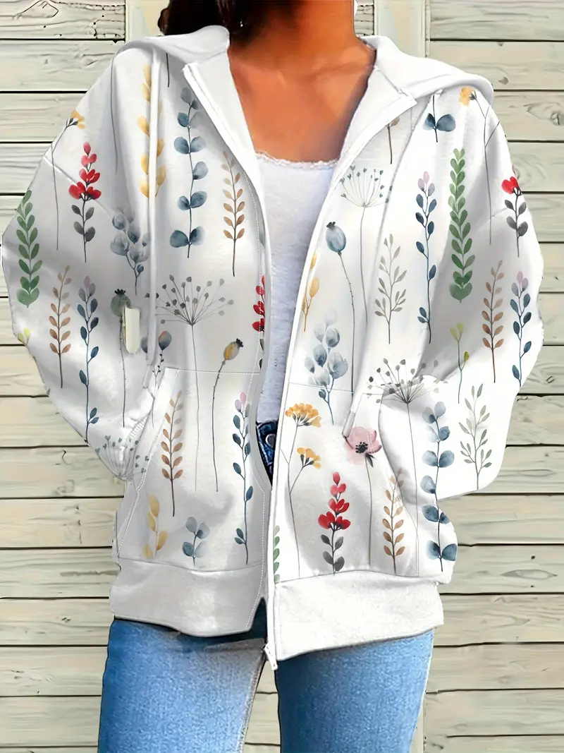 Women Spring/Fall Outerwear Casual Printing Floral Long Sleeve Hoodie Jacket
