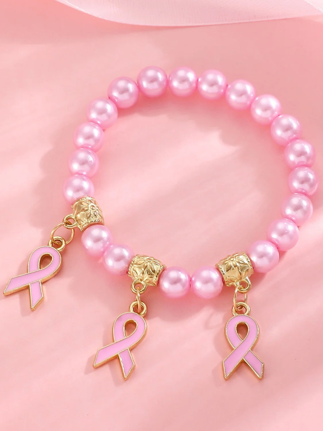 Breast Marker Real Gold Electroplated Pink Ribbon Women's Health Pearl Bracelet Necklace Set Ins Shambhala Jewelry