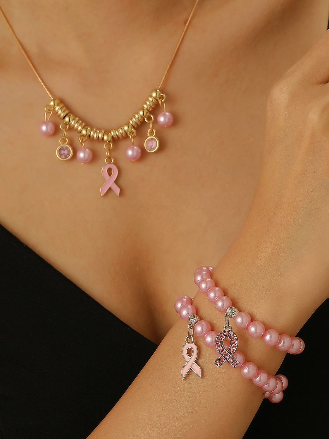Breast Marker Real Gold Electroplated Pink Ribbon Women's Health Pearl Bracelet Necklace Set Ins Shambhala Jewelry