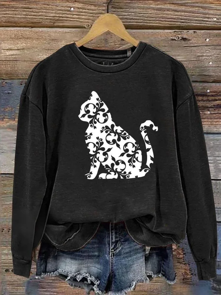 Vintage Cute Cat Art Print Crew Neck Comfy Sweatshirt