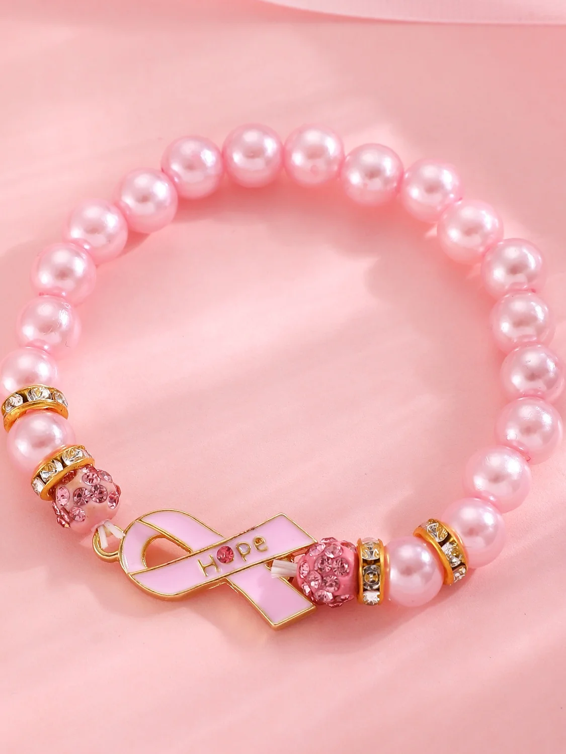 Breast Marker Real Gold Electroplated Pink Ribbon Women's Health Pearl Bracelet Necklace Set Ins Shambhala Jewelry