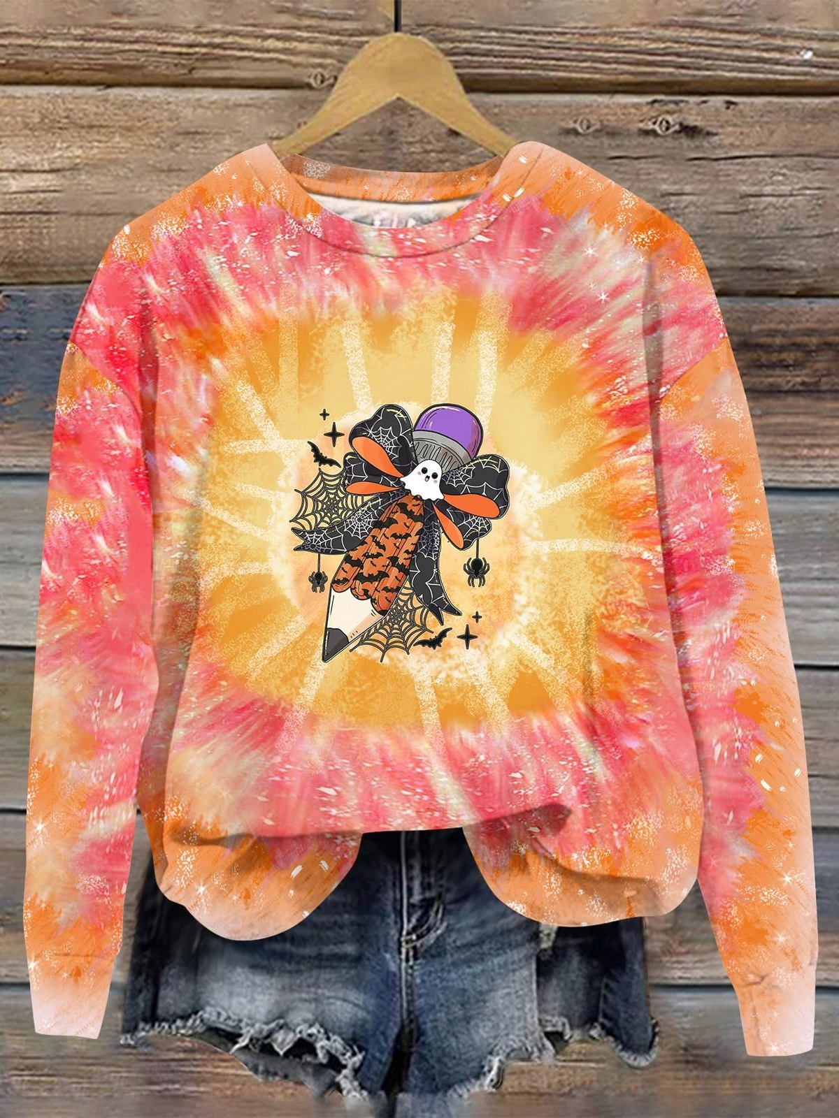 Halloween Cute Ghost Art Pattern Casual Crew Neck Sweatshirt