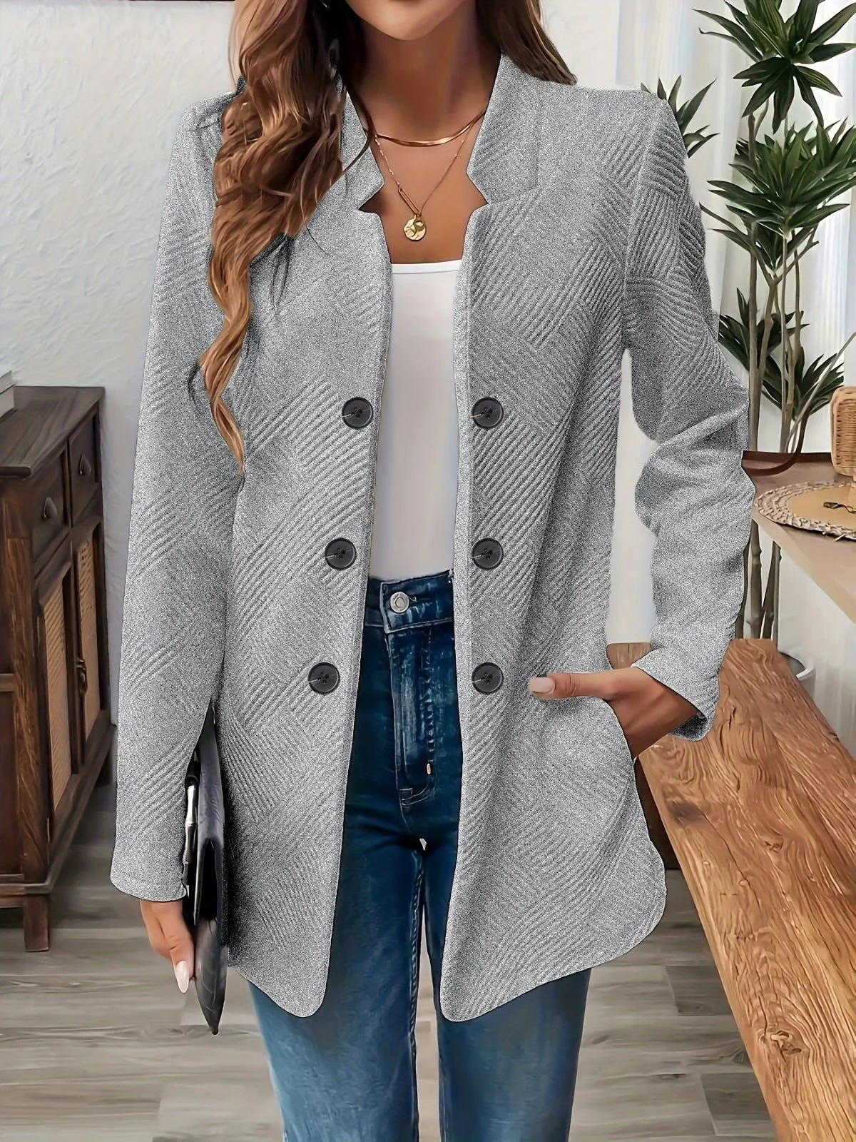 Women Plain Spring/Fall Outerwear Casual Long Sleeve Stand Collar Mid-long Blazer