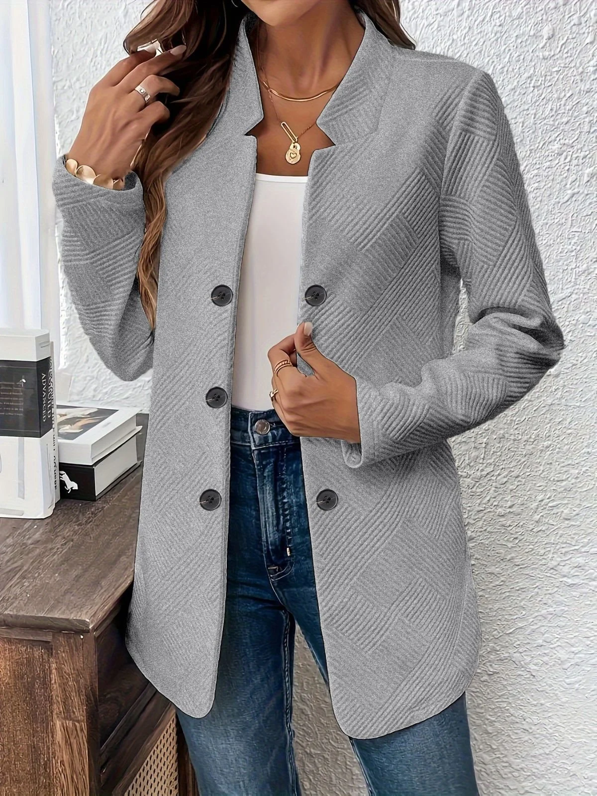 Women Plain Spring/Fall Outerwear Casual Long Sleeve Stand Collar Mid-long Blazer