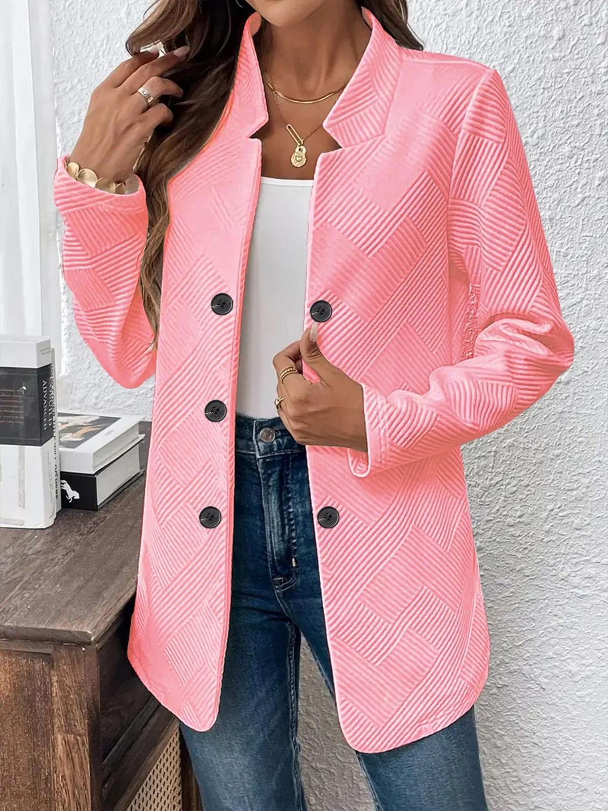Women Plain Spring/Fall Outerwear Casual Long Sleeve Stand Collar Mid-long Blazer