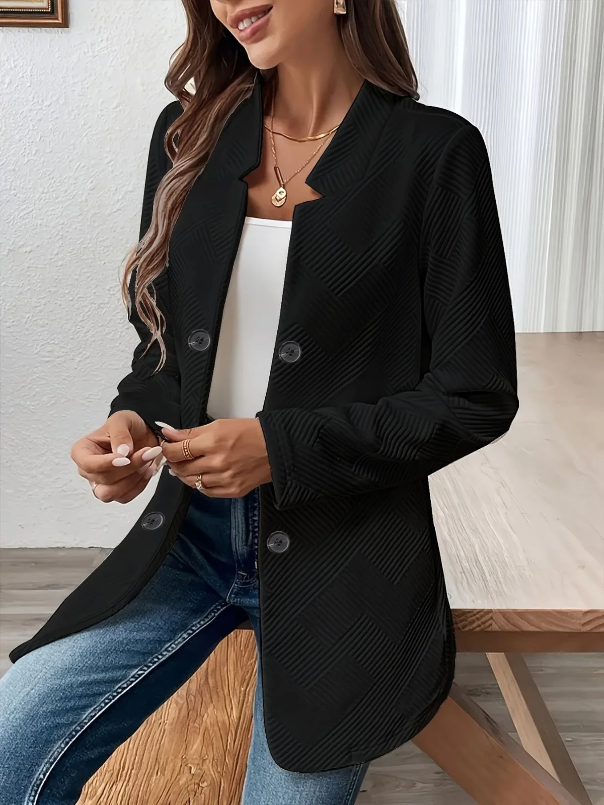 Women Plain Spring/Fall Outerwear Casual Long Sleeve Stand Collar Mid-long Blazer