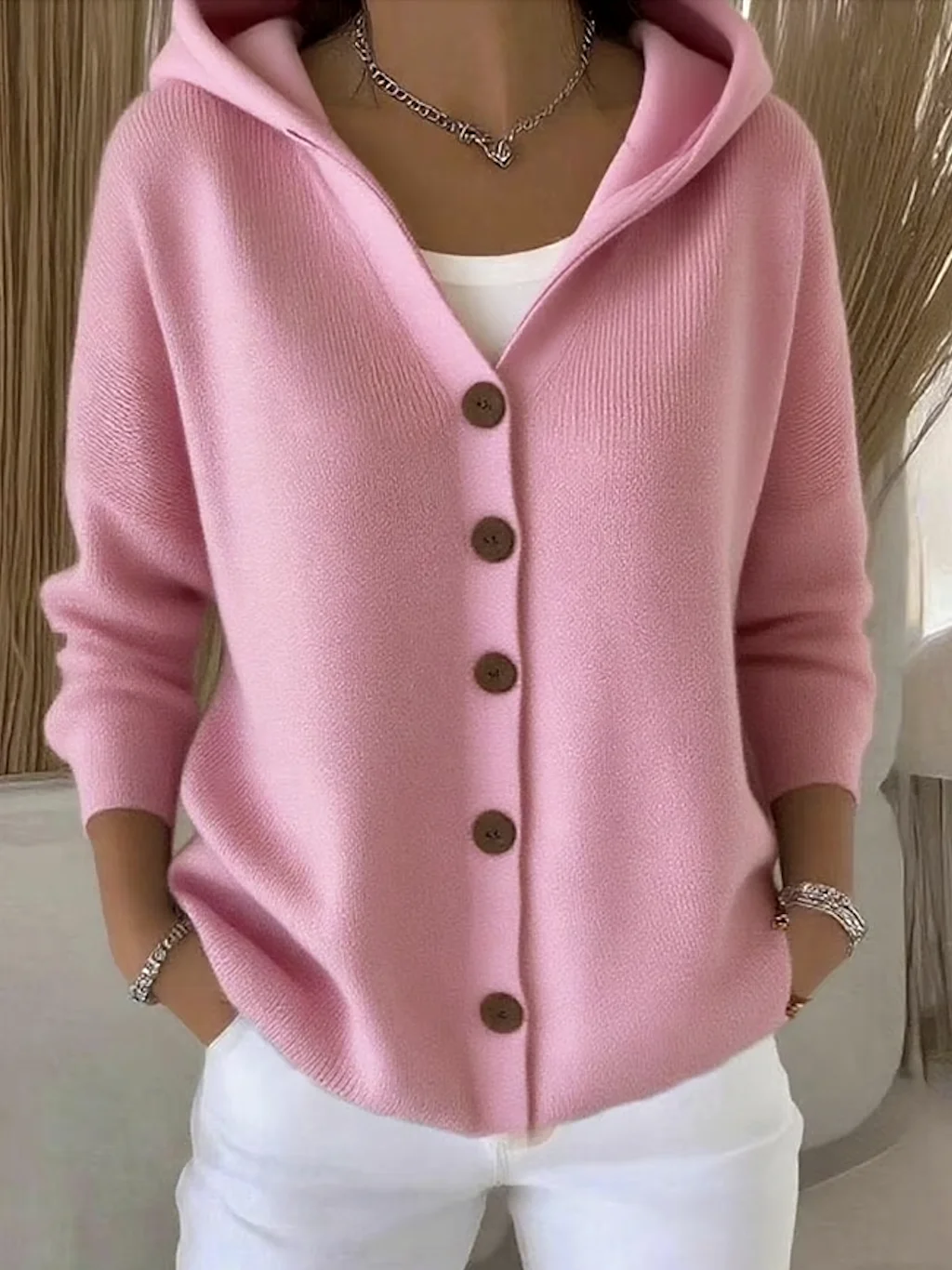 Women Cotton Plain Long Sleeve Comfy Casual Cardigan