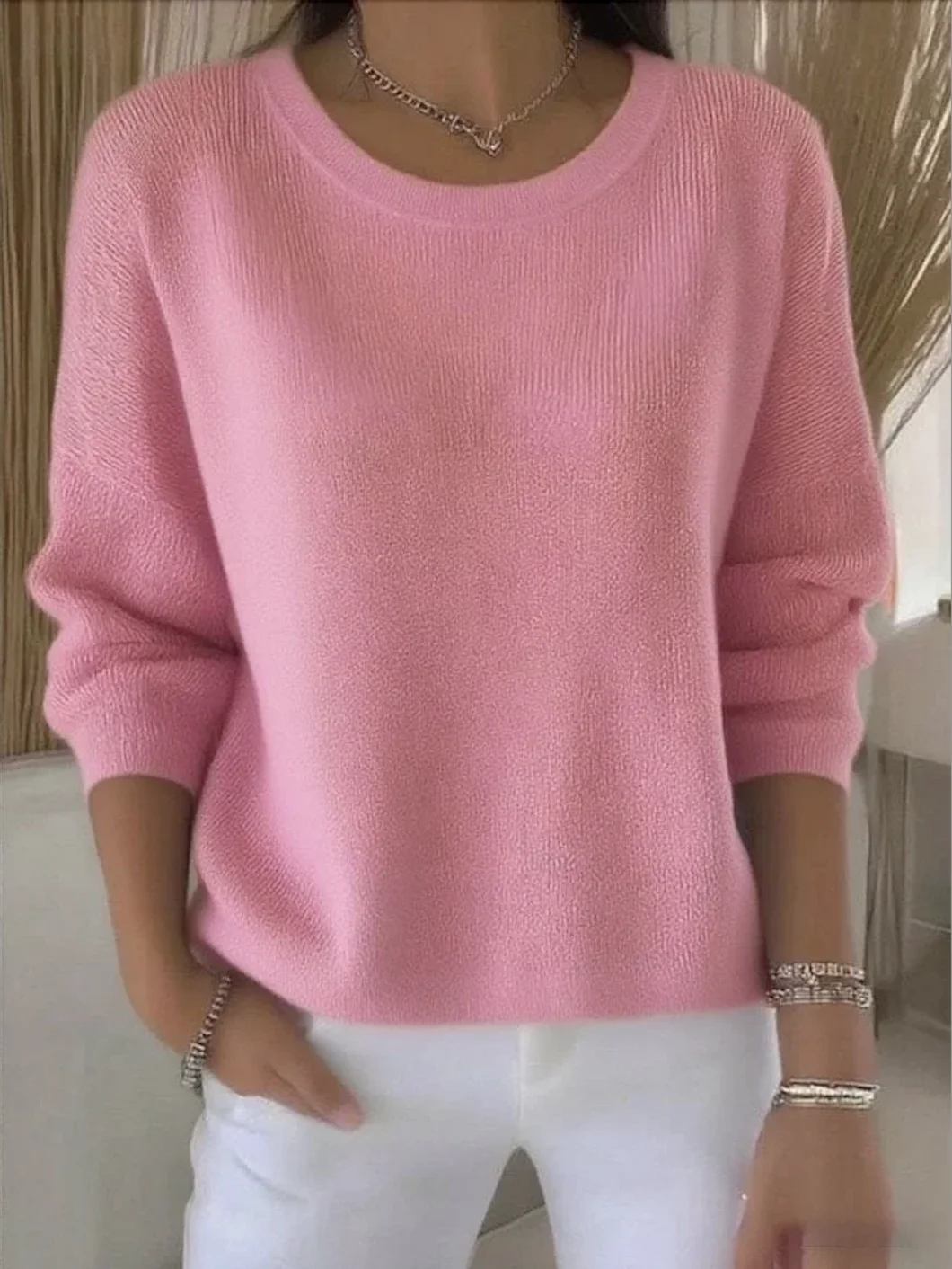 Women Cotton Plain Long Sleeve Comfy Vintage Sweater