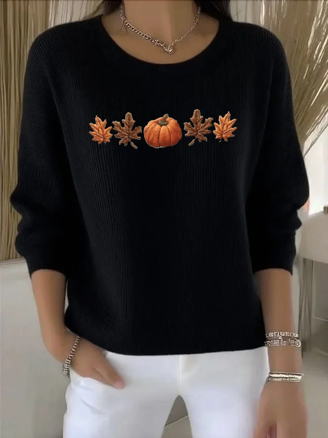Women Cotton Plants Long Sleeve Comfy Vintage Sweater